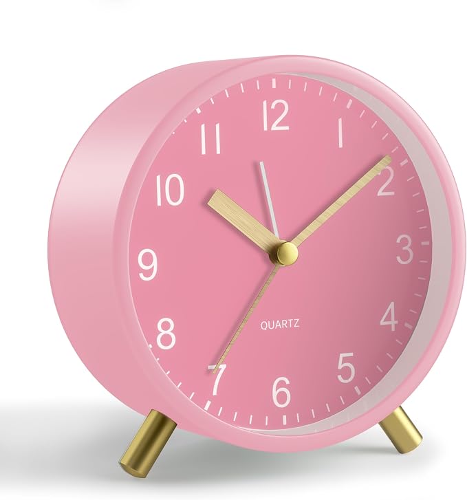 JALL Analog Alarm Clock, 4 inch Super Silent Non Ticking Small Clock with Night Light, Battery Operated, Simple Design, Easy Setting for Office, Bedroom, Bedside, Desk, Teens, Elders, Adult, Pink