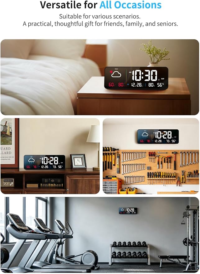 Digital Wall Clock, Digital Clock Large Display with Network Auto-Synced, Corded Smart LED Alarm Clocks Real-Time Shows Weather, Indoor/Outdoor Temp Humidity for Living Room Bedroom Classroom Office