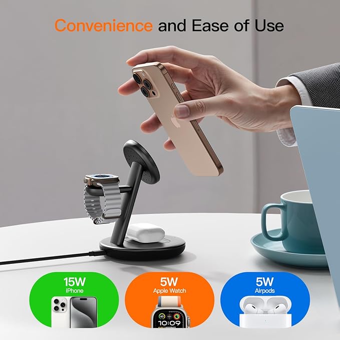 for Apple Watch 5W Fast Charger,15W • Silent •Not hot, 3 in 1 Wireless Charging Station, Apple Mag-Safe Charger Stand,Fast Magnetic Wireless Charger Station for iPhone17-12Series,Apple Watch Airpods