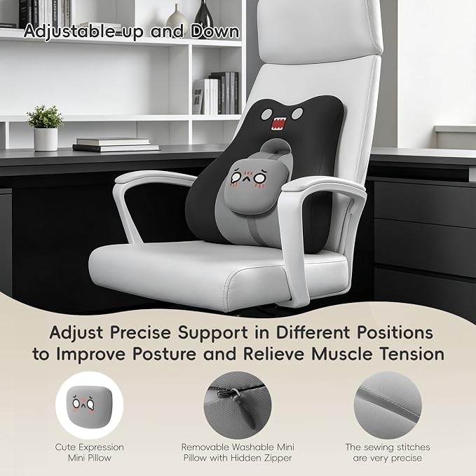 BEBAS Lumbar Support Pillow for Car & Office Chair - Ergonomic Back Support Cushion with Adjustable Memory Foam Bolster, Cute Cartoon Design, Lower Back Pain Relief for Driving & Desk Work - Black