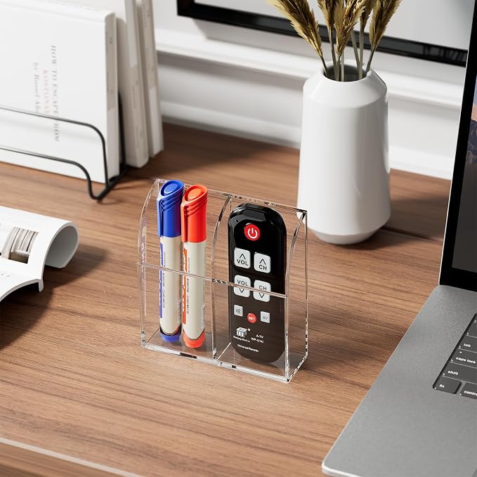 MaxGear Wall Marker Holder & Remote Control Organizer 2-Compartment | Clear Acrylic Dry Erase Board Marker & Pen Holder for Wall Mount, Includes Adhesive & Screws for Home/Office/Classroom