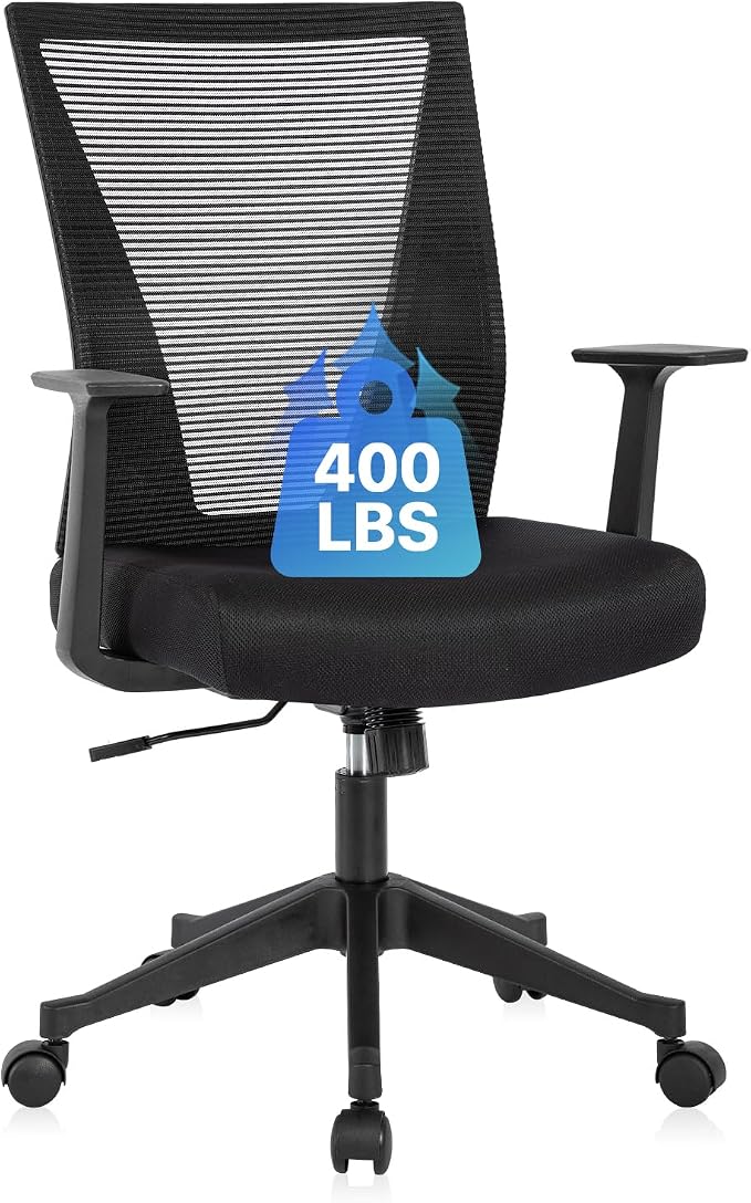 CLATINA Big and Tall Office Chair, Heavy Duty Ergonomic Mesh Computer Desk Chair with Armrests, Adjustable Height Rolling Swivel Mid Back Executive Task Chairs for Home Office Conference, Black, 1Pack