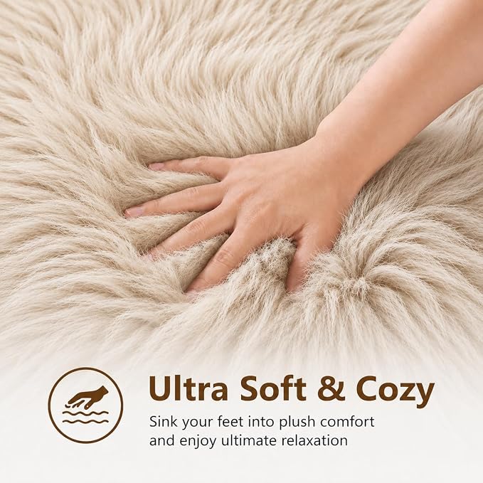 EasyJoy Faux Sheepskin Rug, Fluffy Faux Fur Rug, Ultra Soft Shag Area Rug with Non-Slip Backing for Bedroom, Living Room, Nursery, Kids Room(4 x 4 ft Round, Beige)