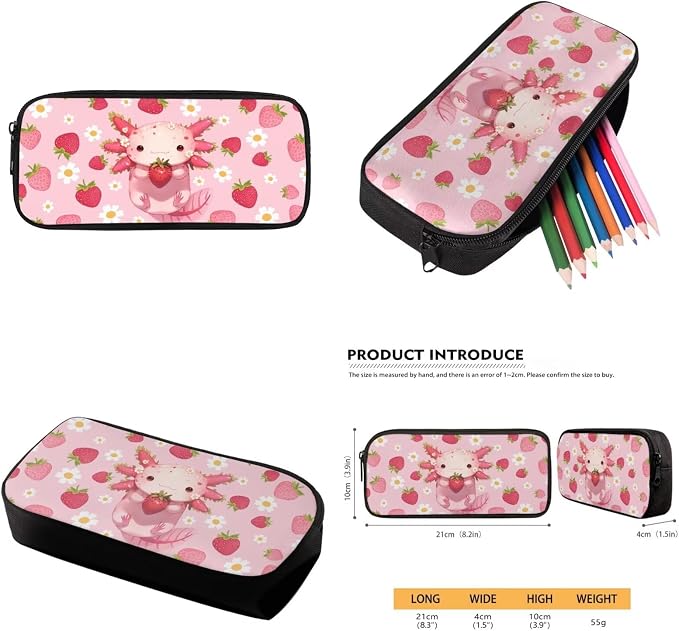 WELLFLYHOM Axolotl Girls Backpack Set 6-8 Kids School Book Bag Lunch Box Pencil Case Water Bottle Sleeve Strawberry Daisy Elementary Daycare Bag for School Back to School Gift