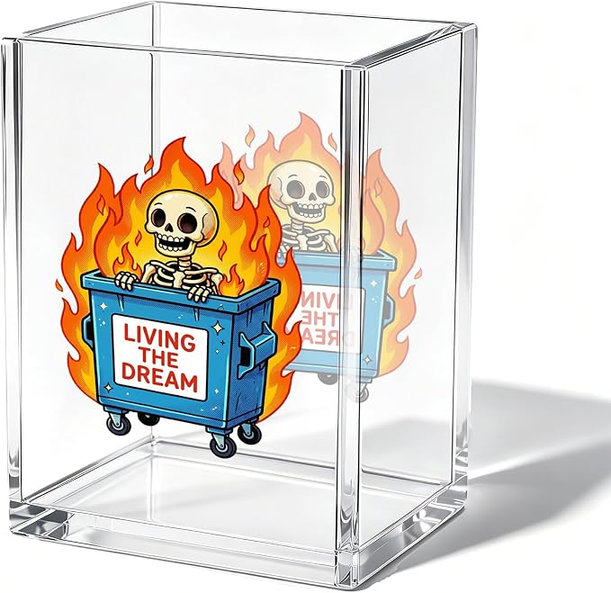 Funny Dumpster Fire Skull Office Acrylic Cosmetic Pen Pencil Holder Cup, Living The Dream Humor Pencil Organizer, Unique Desk Accessories, Sarcastic Gifts for Women Men Coworker（A47）