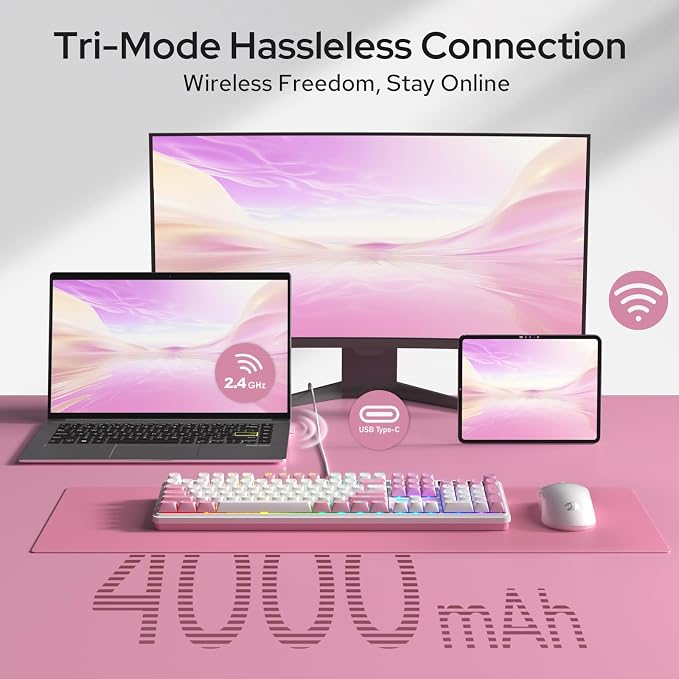 Redragon K762 Wireless Gasket Gaming Keyboard w/Hype Screen & Knob, 104 Keys Mechanical Keyboard, Easy-Control 1.14’’ TFT Info Display, 5-Layer Noise Dampening, Round PBT Keycaps, Custom Linear Switch