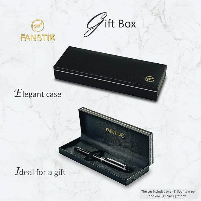 Customized Fountain pen with name (MADE IN USA), stainless steel, black and Silver, luxury engraved pen personalized for men and for women. (Fountain Black-Silver)