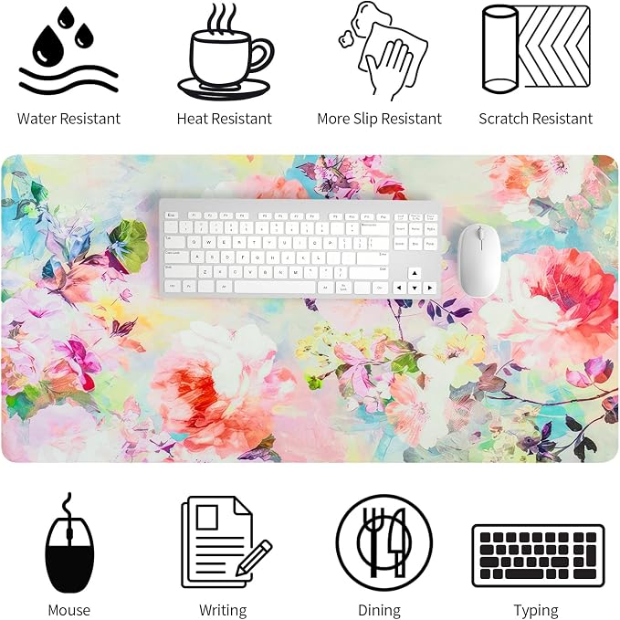 Pink Floral Desk Mat for Desktop, Women Girls Pink Mouse Pad Large, Desk Decor for Women, Desk Protector Mouse Pads for School Office Home/31.5" X 15.7"
