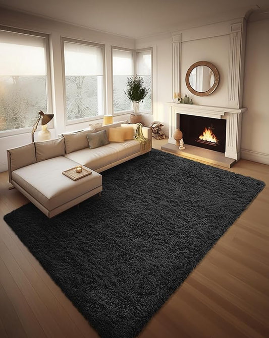 Ophanie 8x10 Black Area Rugs for Living Room,Large Shag Bedroom Carpet,Big Indoor Thick Soft Shaggy Nursery Rug,Fluffy Carpets for Boy and Girls Room Dorm Decor Aesthetic with Over 99 pcs Pile fibers