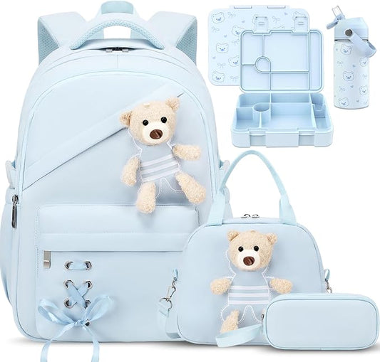 ACESAK Girls Backpack for School Set - 5 PCS Cute Girls Backpack with Lunch Box, Pencil Case, Bento Box & Insulated Water Bottle - Kawaii Casual Kids Bookbag Set Back to School Supplies (Blue)