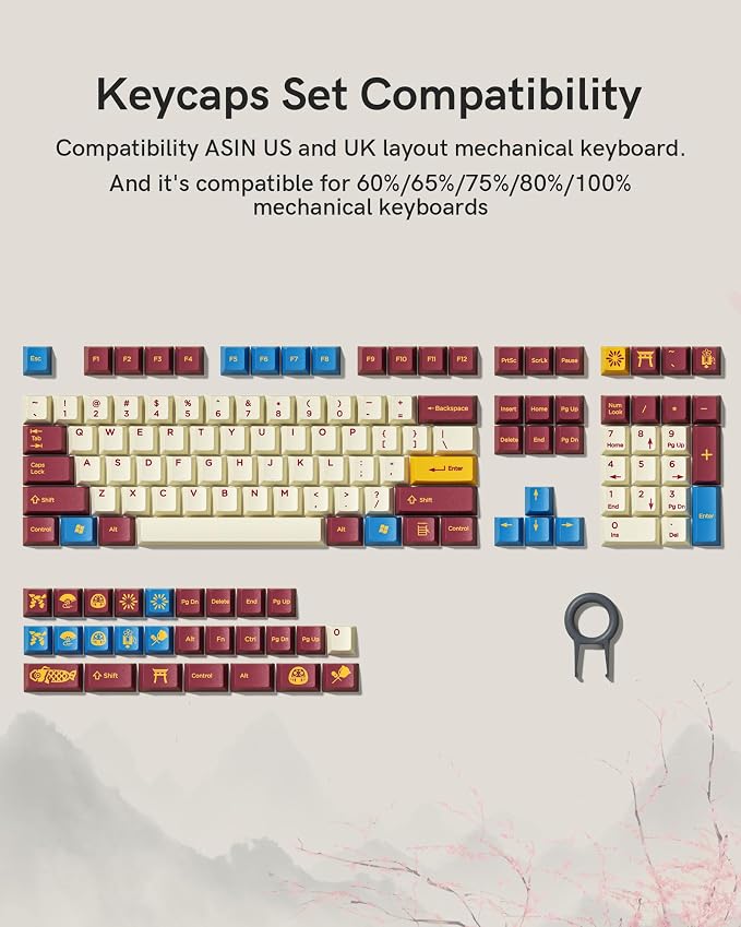 Cherry Profile PBT Keycaps 135 Keys Japanese Koi Shrine Theme, Dye-Sublimation Keycap Set for MX Switch Mechanical Keyboard, Fits 60% 65% 75% 80% 100% US Layout