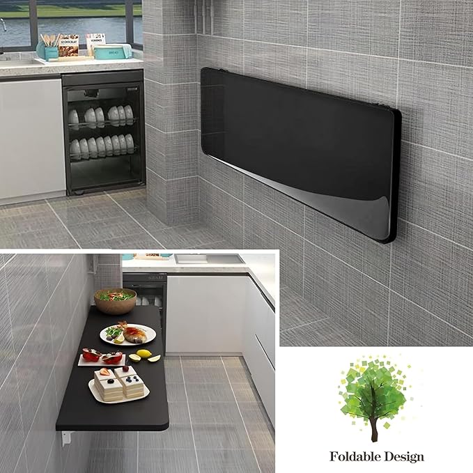 Wall Mounted Folding Table,Black Floating Desk for Small Spaces,Stainless Steel Bracket Laundry Folding Table,Wall Folding Desk,Home Bars and Dining Establishments(80X50cm/31.5"×19.7")