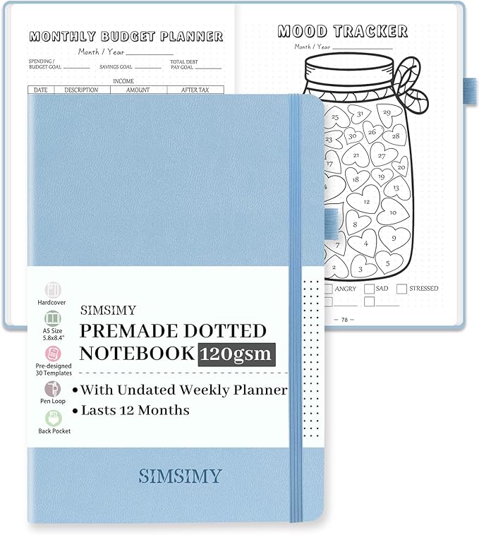 Premade Dotted Journal Notebook with Bullet Templates, Pre-made Dot Grid Journaling with Undated Weekly & Monthly Planner, Various Trackers, Lasts 1 Year, A5