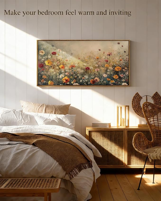 InSimSea Extra Large Framed Vintage Wall Art, Living Room Country Farmhouse Decor, Spring Flower Wildflower Landscape Canvas Prints, Retro Flowers Long Pictures for Bedroom Above of Bed, 20x40inch