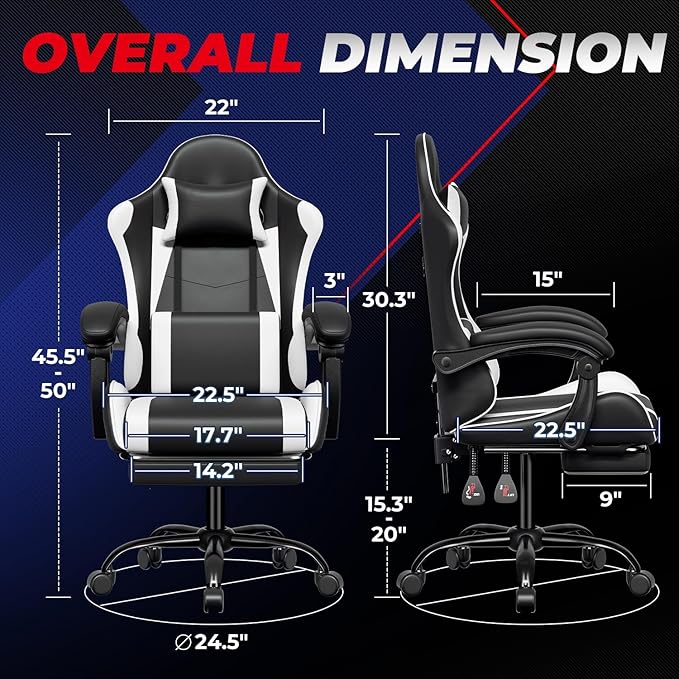 Auto Dynasty Ergonomic Gaming Chair, High-Back Office Chair w/Adjustable Lumbar Support, Linkage Armrest, Headrest & Footrest, 350LBS Recliner Swivel Computer Game Racing Chair, White/Black