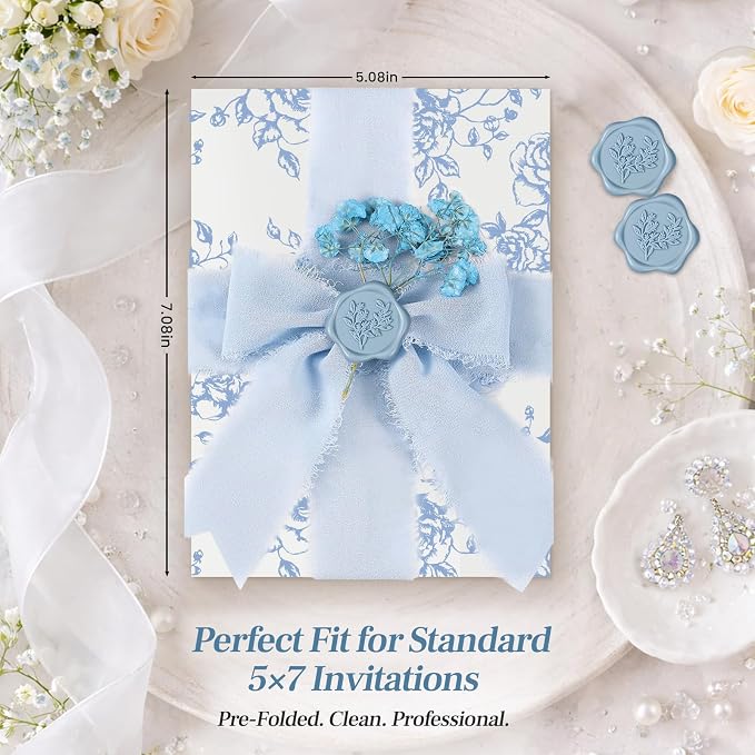 Wedding Invitation Accessories Kit, Pre-Folded Vellum Jackets for 5×7 Invitations with Wax Seal Stickers, Ribbon & Dried Flowers, Elegant Wedding Invitation Accessories for DIY Bridal Invites (Blue-Rose, 50)