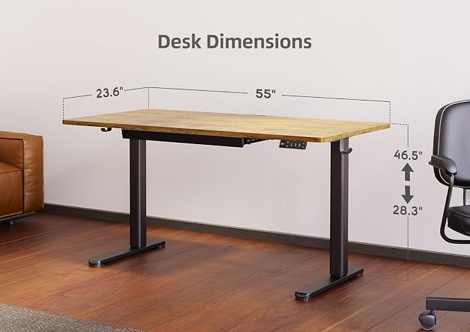 Claiks Electric Standing Desk with Drawers, 55x24 Inch Rustic Brown | Sturdy steel frame, supports up to 176 Lbs, waterproof desktop with wire holes, Quiet