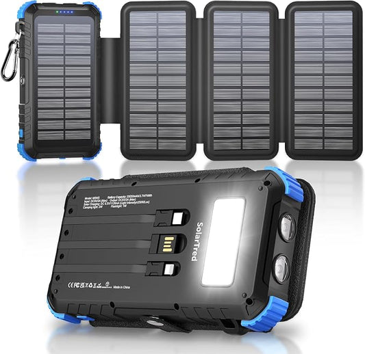 Solar Power Bank 20000mAh with 4 Panels, Portable Solar Charger with Build-in 3 Cables for iPhone, USB C in/Output 15W Fast Charging External Battery Pack with Flashlight & Camping Light