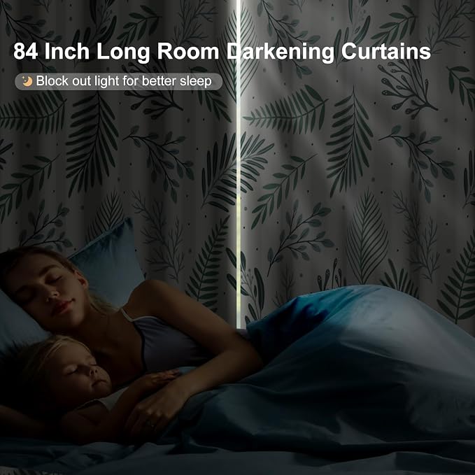 Blackout Curtains for Bedroom and Living Room, Green Leaves Grommet Thermal Insulated Bedroom Curtains Room Darkening Drapes 84 Inch Length 2 Panels Set, Reduce Outside Noise, Maintain Privacy