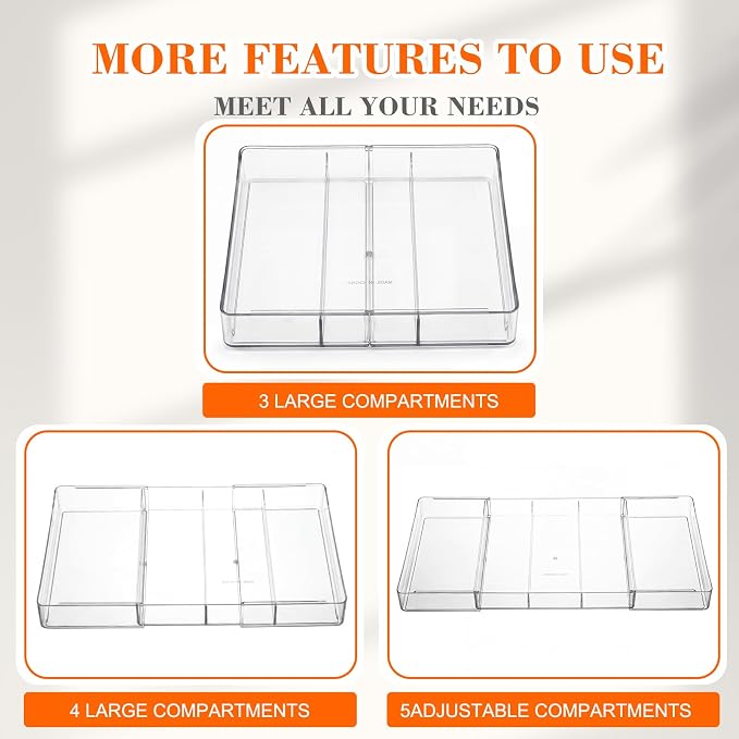 Briwooody 1 Pcs Large Expandable Acrylic Drawer Organizers, Grid Adjustable Drawer, Dividers Organizer for Desk, Makeup, Jewelry, Office, Kitchen Supplies (Clear,5 Compartments)