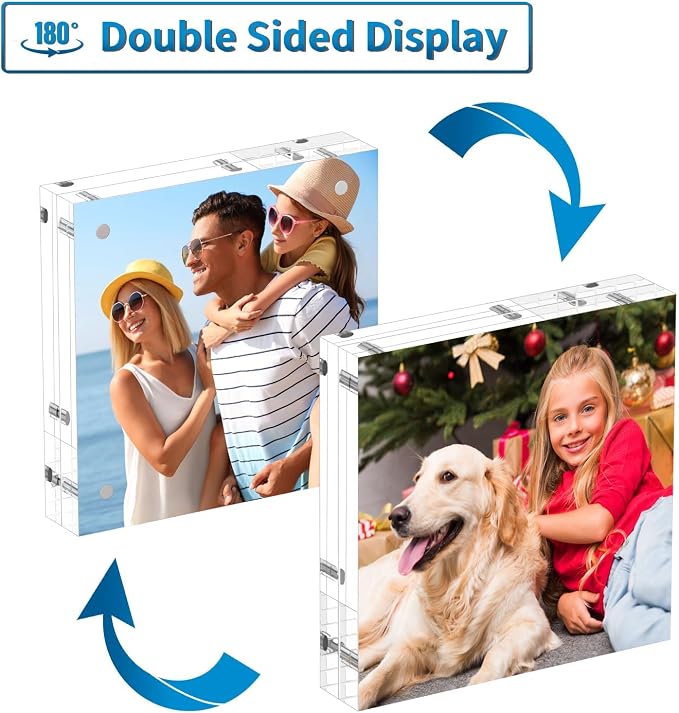 AITEE 5x5 Acrylic Picture Frames 3 Pack, Clear Picture Frames，20% Thicker | Freestanding Double Sided Magnetic Acrylic Lucite Frameless Transparent Square Frame Block Gift for Desktop Display