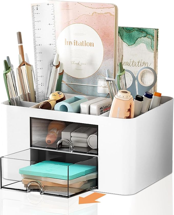 Stationary Organiser 7-Grid Desk Organizer with Drawer – Multifunctional Plastic Table Organizer & Pen Holder for School, Office, and Home (White)