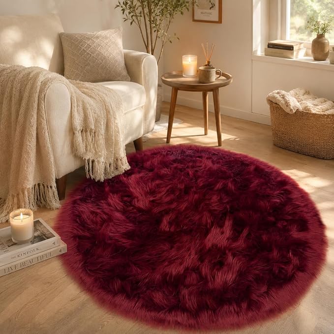 EasyJoy Faux Sheepskin Rug, Fluffy Faux Fur Rug, Ultra Soft Shag Area Rug with Non-Slip Backing for Bedroom, Living Room, Nursery, Kids Room(4 x 4 ft Round, Burgundy)