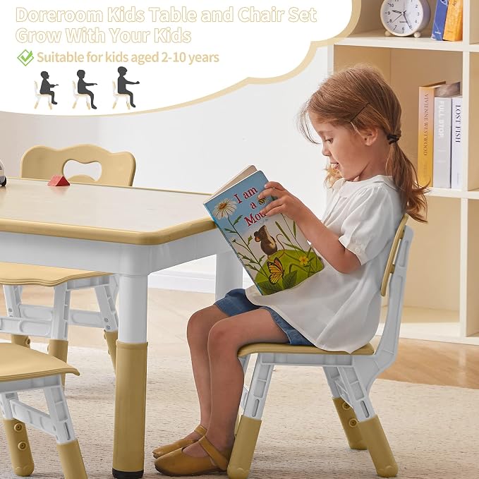 DOREROOM Adjustable Kids Table & 4 Chairs Set, 47.2" L x 23.6" W, Beige-W | Graffiti Desktop,Table Supports 300 lbs,Toddler Ages 2-8，FSC-certified, Children Activity Table for Daycare, Classroom, Home