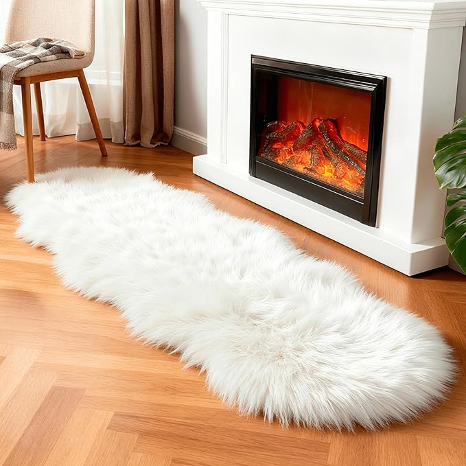 linmopm Faux Fur Sheepskin Fluffy Shag Fuzzy Rug, White, 2x6 ft Runner | High-Density Cushion, For Bedroom Bedside Living Room Sofa Cover Floor , Plush Carpet
