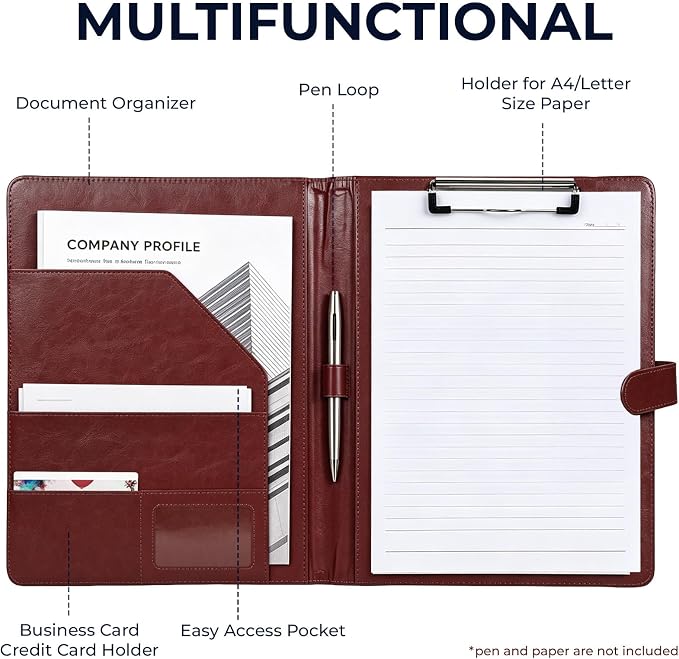Professional Padfolio with Clipboard, Faux Leather Portfolio Folder Binder, Legal Pad Holder for A4 Letter Size Notepad, Resume, Writing Pad, Ideal Organizer for Business Office Conference (Brown)