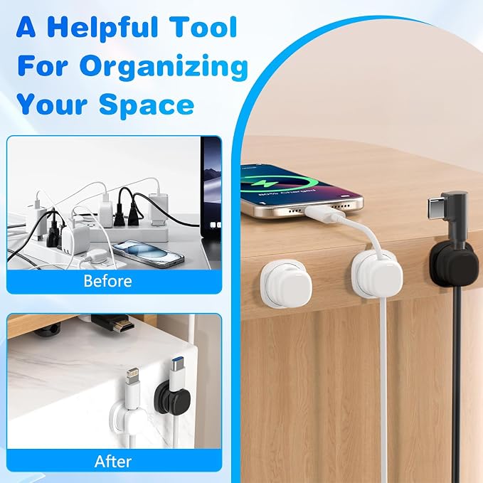 6 Pack Magnetic Cord Organizer Holder,Upgrade Cord Holder for Nightstand, Strong Adhesive Desk Cable Management Magnetic Easy Open for Home,Office,Car,Desk,Nightstand (White)