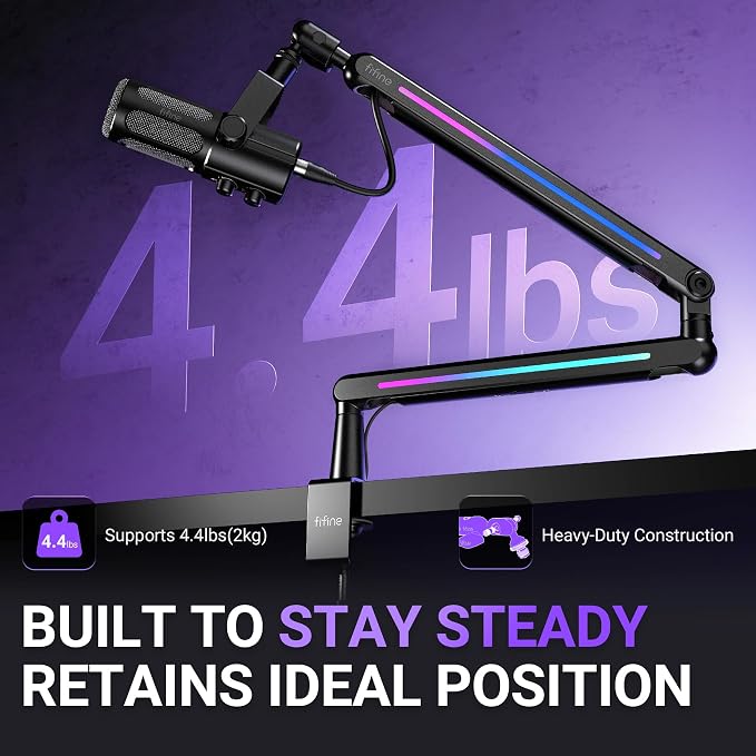 FIFINE Microphone Boom Arm with Controllable RGB, Adjustable Low Profile Mic Stand with Desk Mount Clamp,Cable Management, Screw Adapter for Gaming, Podcast, Streaming, Studio-BM88Pro