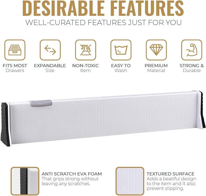RAPTUROUS Adjustable Drawer Dividers 4 Pack, 2.5" High, 13-22" Long, Dresser Drawer Organizer for Bedroom, Closet, Kitchen, Nursery, Office, Strong Hold, Soft Foam Edges, White