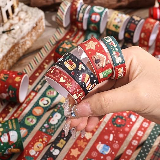 icceemee Christmas Theme Washi Tape Set, 12 Rolls Christmas Washi Tape Writable Decorative Tapes for Scrapbooking, Junk Journal Supplies, Bullet Journaling, 0.6"x79" per Roll