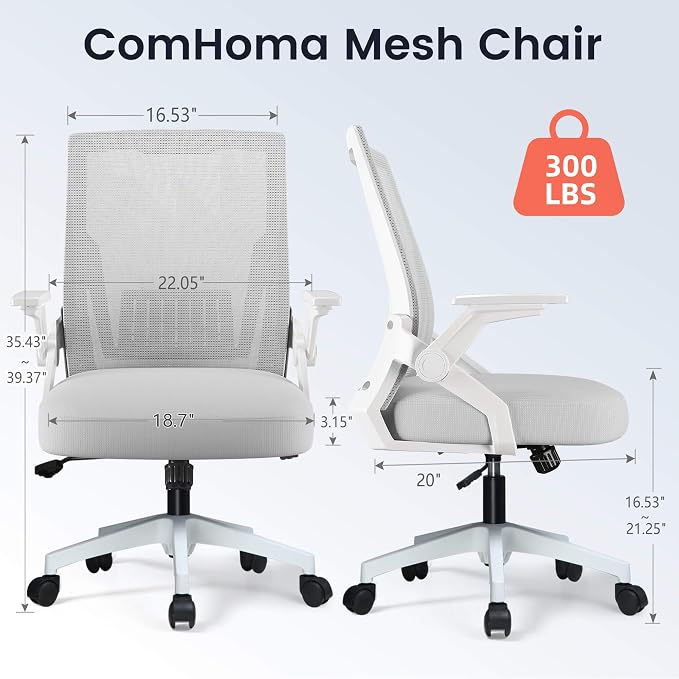 COMHOMA Office Chair with Flip-up Armrests Ergonomic Computer Desk Chair with Adaptive Lumbar Support & Breathable Mesh, Gray