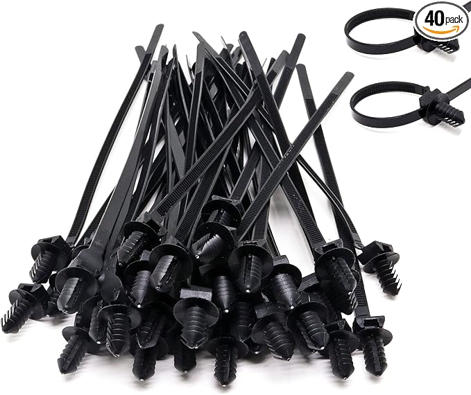 40 PCS Push Mount Zip Ties, 8.3 Inch Nylon Car Mount Wire Ties Snap in Cable Zip Ties, Black Push Mount Cable Ties Automotive Zip Ties Wire Harness Clips for Wire Tying (8.3" L x 0.2" W)