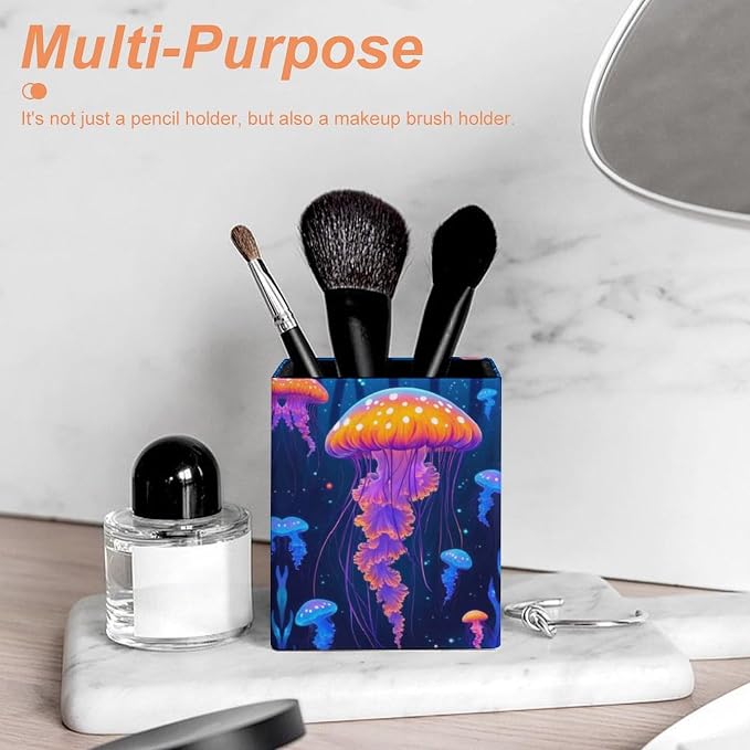 Jellyfish Print Leather Square Pen Holder Modern Desk Decor Home Organizer For Make Up Brushes Supplies Office Stationery Storage