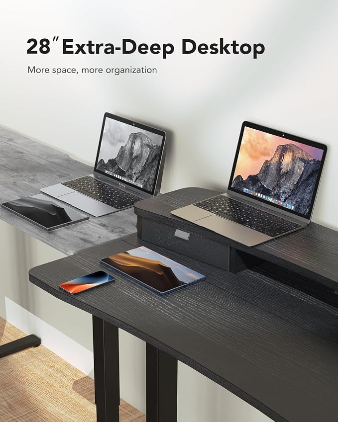 HUANUO 48″ x 28″ Electric Standing Desk with 2 Drawers, C-Clamp Mount Compatible, Height Adjustable Computer Desk, Home Office Stand Up Desk with 4 Preset Heights & 2 Hooks, Black