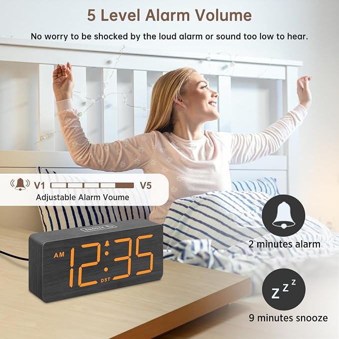 DreamSky Wooden Digital Alarm Clock for Bedroom with Large Numbers | Desk Clocks for Living Room, Loud Alarm for Heavy Sleepers with Volume Control, Dimmer, DST, Office Wood Decor (Plug-in)