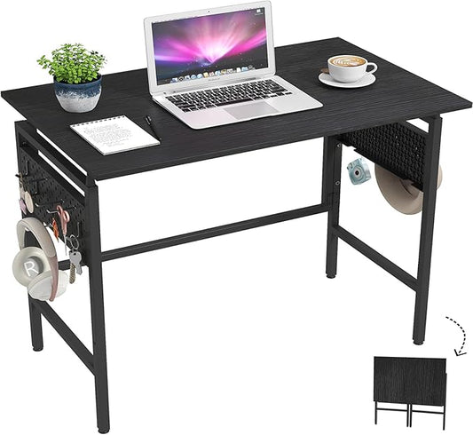 Hadulcet Folding Desk, Small Foldable Desk 40" for Small Spaces, Space Saving Computer Table with 2 Movable Pegboard Panels, Easy Assembly for RV & Study Room & Office, Black