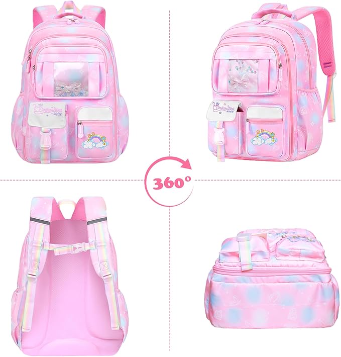 3PCS SET kids backpacks for girls, bookbag for girls backpack with lunch box Pencil Pouch Set back to school supplies for Kid, School backpack for girl Elementary School Student(PINK)
