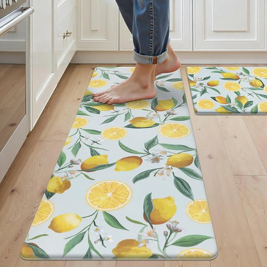 SHACOS Anti Fatigue Lemon Kitchen Rugs Mats Set of 2 Pieces Non Slip Soft Cushioned Standing Mat and Runner Wipeable Waterproof Floor Mat, 17"x27.5"+17"x47", Light Blue