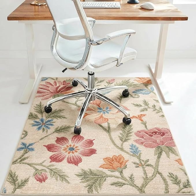 36"x48" Office Chair Mat for Hardwood Tile Floor, Under Desk Carpet Protector for Rolling Computer Chair Mat, Machine Washable Area Rug, Anti-Slip 1/5" Thick Low Pile Thin Vinyl Floor Mat, Blush Cream