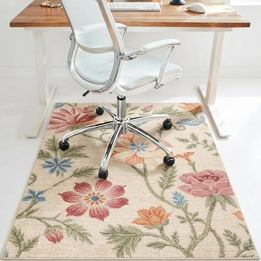 36"x48" Office Chair Mat for Hardwood Tile Floor, Under Desk Carpet Protector for Rolling Computer Chair Mat, Machine Washable Area Rug, Anti-Slip 1/5" Thick Low Pile Thin Vinyl Floor Mat, Blush Cream