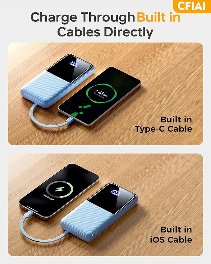 Portable Charger Power Bank, 50% Larger Capacity 20000mAh Battery Pack with Built in Cable, 22.5W Fast Charging Travel Camping Essential Powerbank for iPhone 17 16 Pro iPad Samsung S26 Google, Ocean