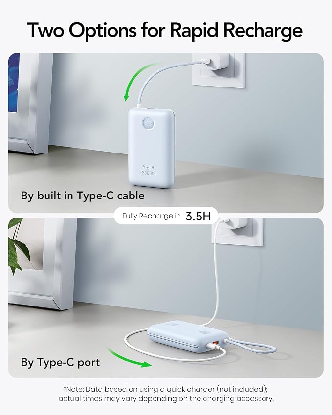 VIYISI Portable Charger 20000mAh 30W Fast Charging, Sky Blue Cute Power Bank with Built-in USB C & Lighting Cables, Compact Aesthetic Battery Pack Compatible with iPhone 17 16 15 Pro Max iPad, iPod