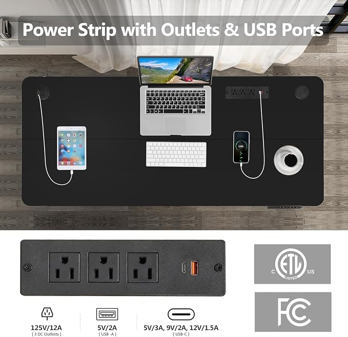 Electric Standing Desk with Power Outlets and USB-C Port, 70 x 27 Inches Adjustable Height Sit Stand Up Desk for Home Office, Adjustable Desk with Memory Preset and Wheels, Black