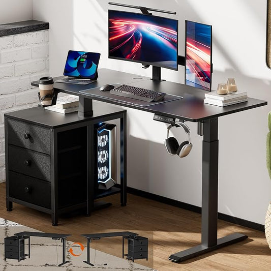 REAHOME 47 Inch Black Electric Height Adjustable Standing Desk with Drawers | Dual Motor Sit-Stand Frame With 3 Memory Presets, Printer Cabinet, Hooks & Cable Management For Home Office Gaming Desk