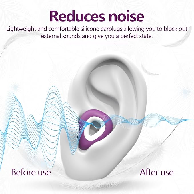 Ear Plugs for Sleeping Noise Cancelling - Purple Reusable Earplugs for 24dB Noise Reduction Snoring Concerts Sleep Deep Focus Work Travel Study, Silicone Flexible Hearing Protection Ear Plugs +3Tips