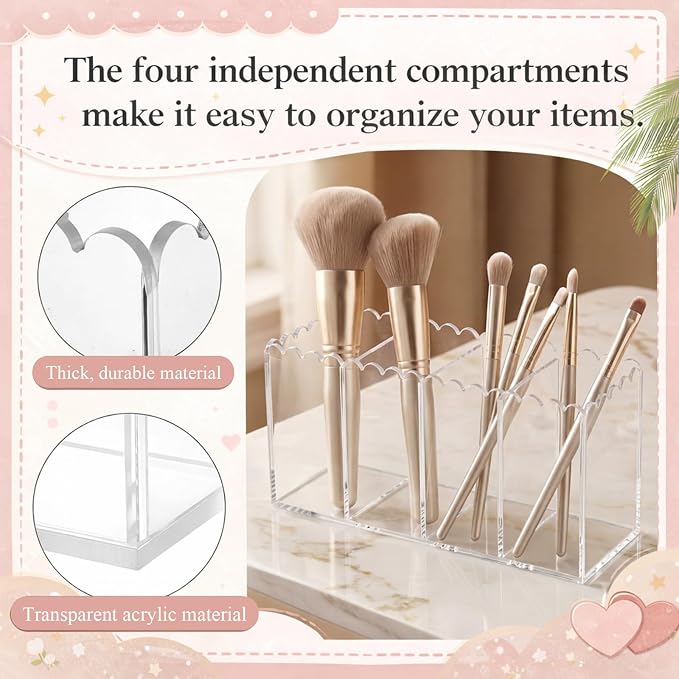 Scalloped Acrylic Pencil Holder for Desk, Clear Pen Organizer with 4 Compartments, Marker Makeup Brush Holder Remote Caddy for Home, Office, Bathroom, Classroom, Table